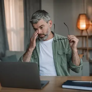 Ein Mann sitzt an einem Schreibtisch mit einem Laptop, hält seine Brille und reibt sich die Augen, er wirkt müde oder gestresst.