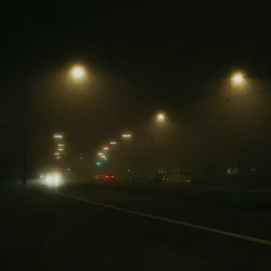 Schummrige Straßenlaternen und Scheinwerfer durchdringen den dichten Nebel auf einer ruhigen, dunklen Nachtstraße, an deren Rand Autos parken.